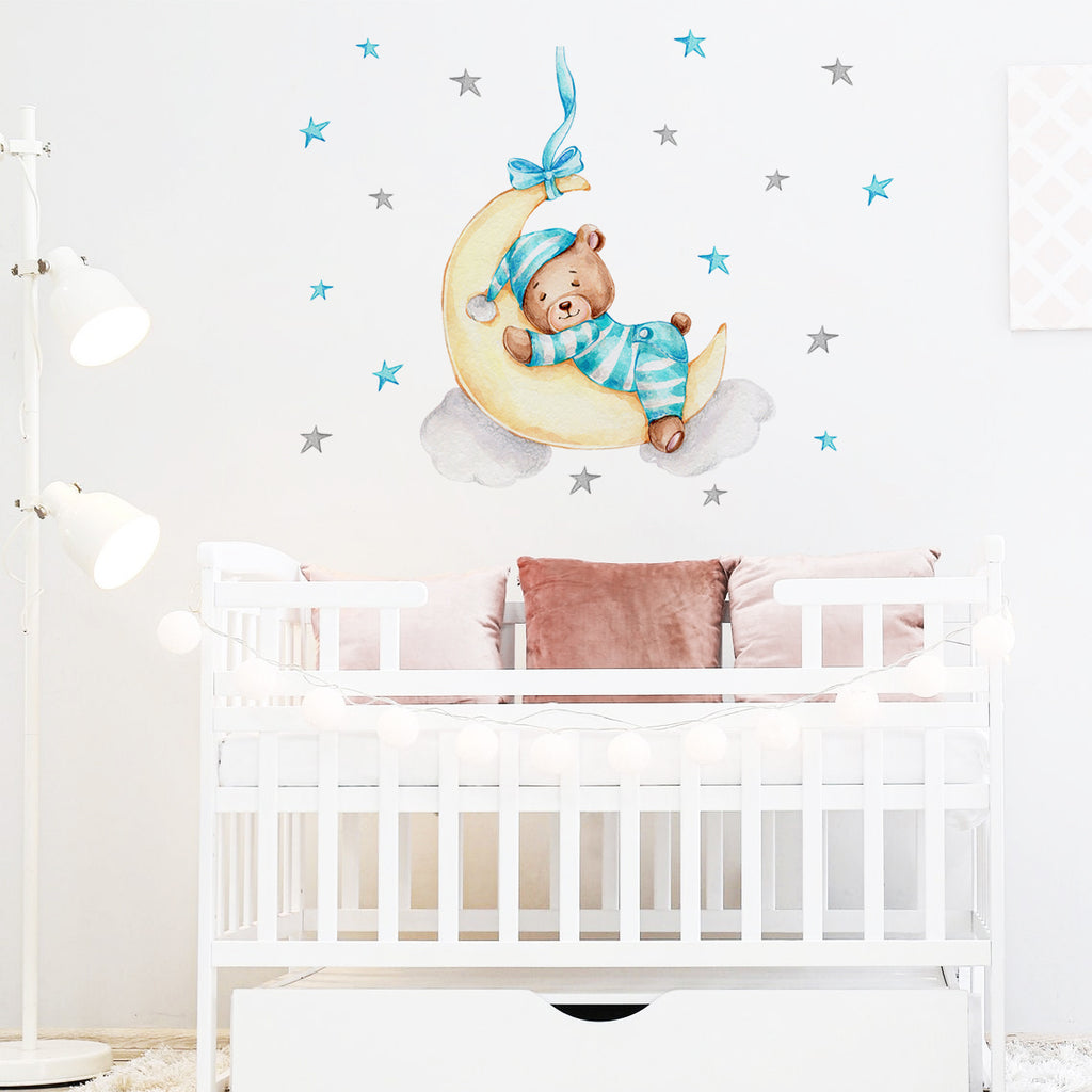 Night Sky Dreaming Wall Decal Stickers - Sleepy PJ Bear - KASIE's Room