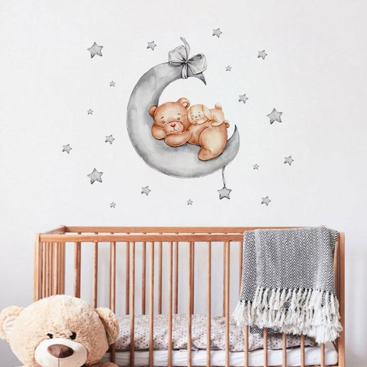 Night Sky Dreaming Wall Decal Stickers - Sleepy Friends Bear & Bunny - KASIE's Room