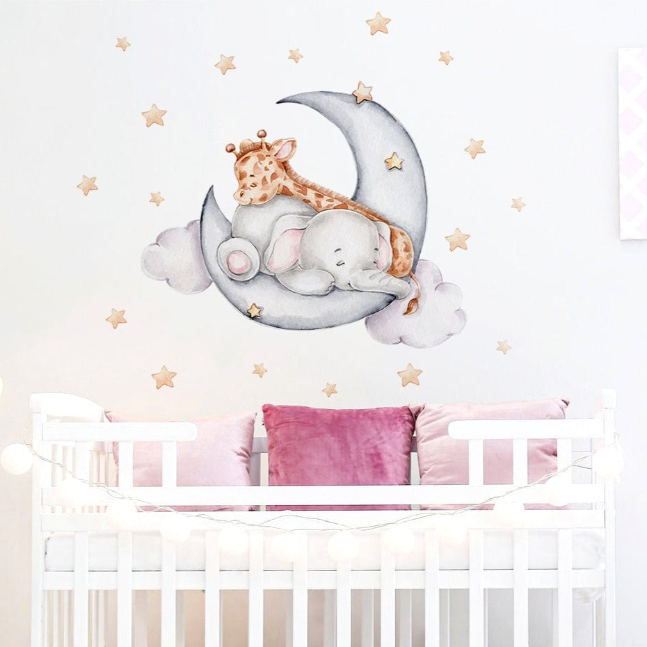 Night Sky Dreaming Wall Decal Stickers - Sleepy Friends Elephant & Giraffe - KASIE's Room