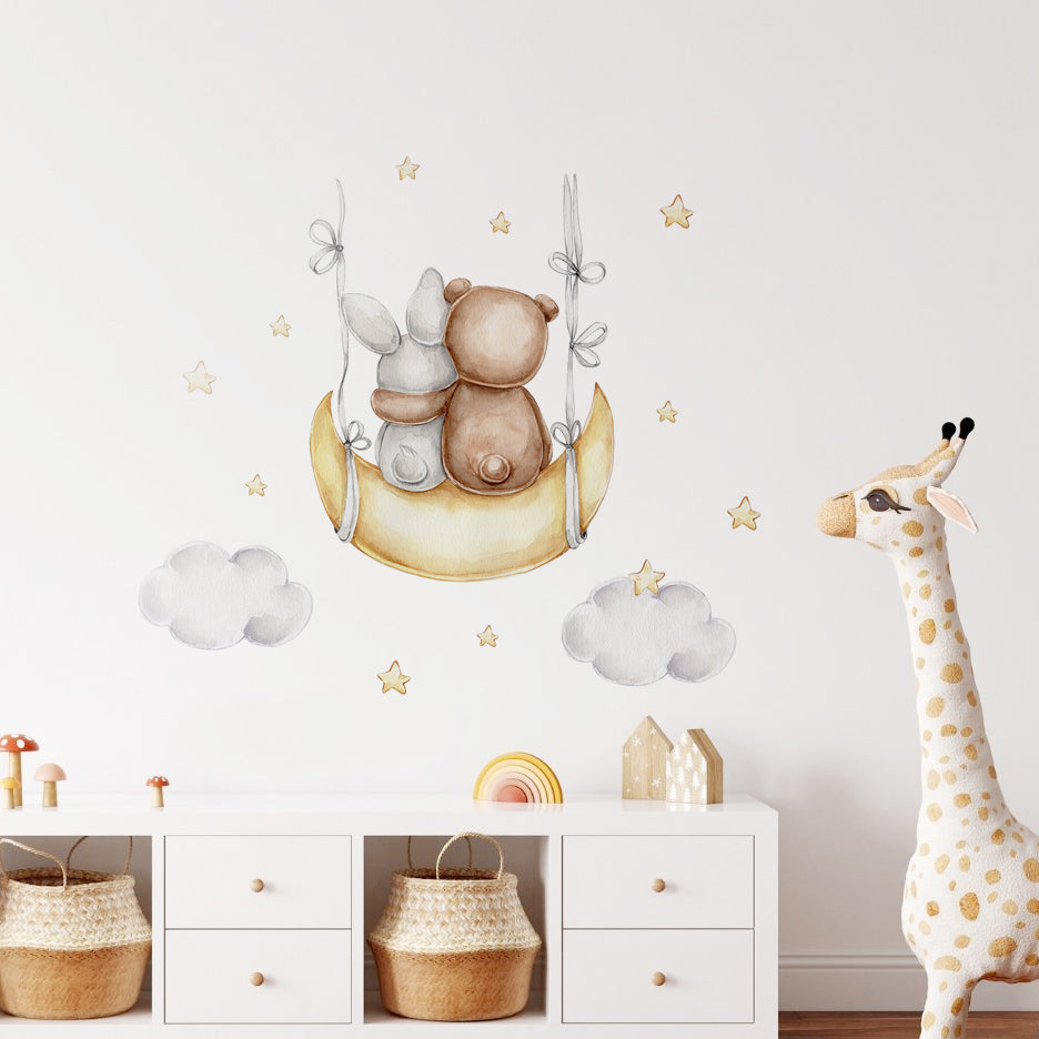 Night Sky Dreaming Wall Decal Stickers - Swinging Friends Bear & Rabbit - KASIE's Room