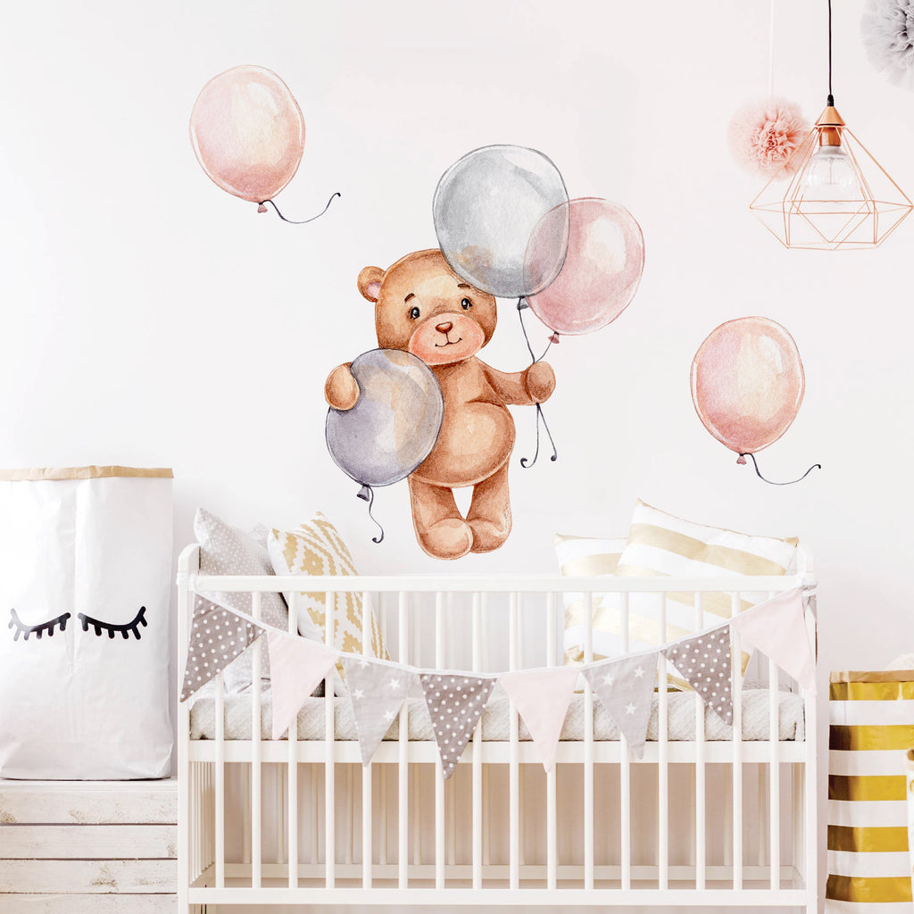 Night Sky Dreaming Wall Decal Stickers - Pink & Silver Balloon Bear - KASIE's Room