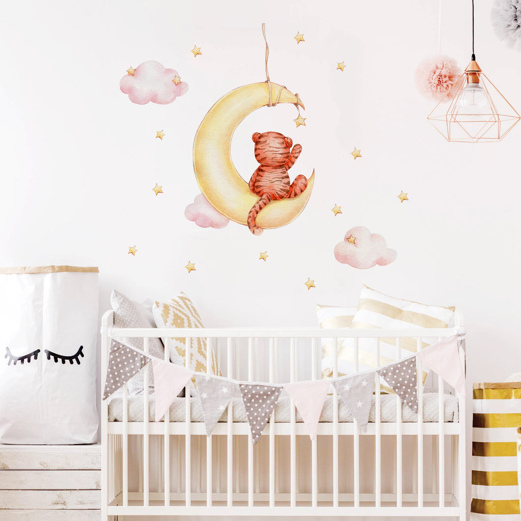 Night Sky Dreaming Wall Decal Stickers - Moon Swing Tiger - KASIE's Room