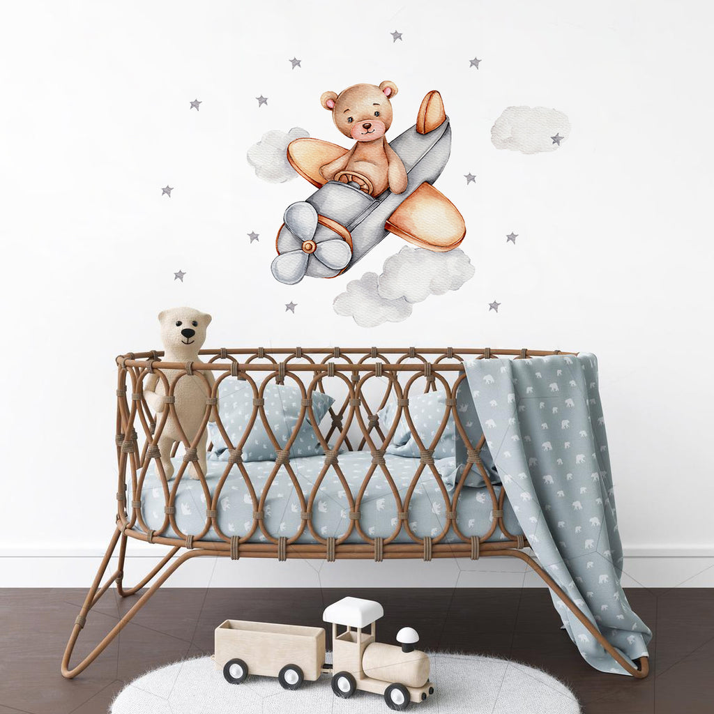 Night Sky Dreaming Wall Decal Stickers - Silver Vintage Plane - KASIE's Room