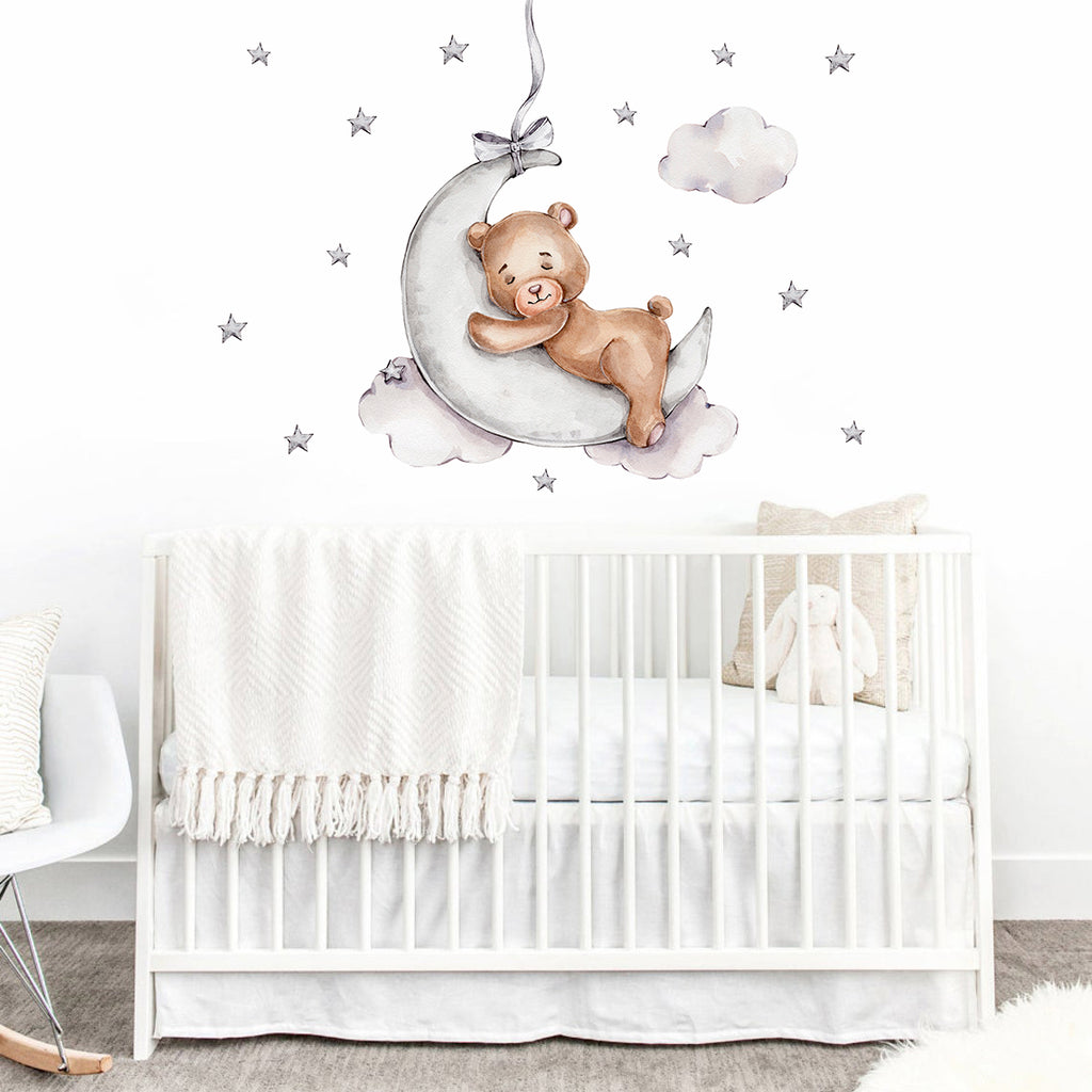 Night Sky Dreaming Wall Decal Stickers - Sleepy Moon Bear - KASIE's Room