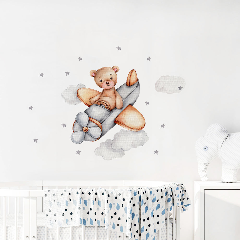 Night Sky Dreaming Wall Decal Stickers - Silver Vintage Plane - KASIE's Room