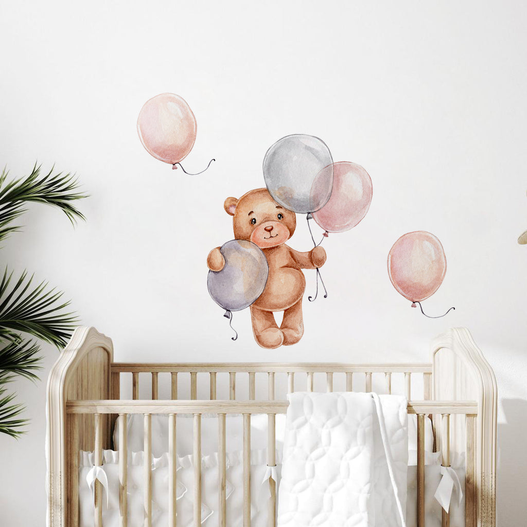 Night Sky Dreaming Wall Decal Stickers - Pink & Silver Balloon Bear - KASIE's Room