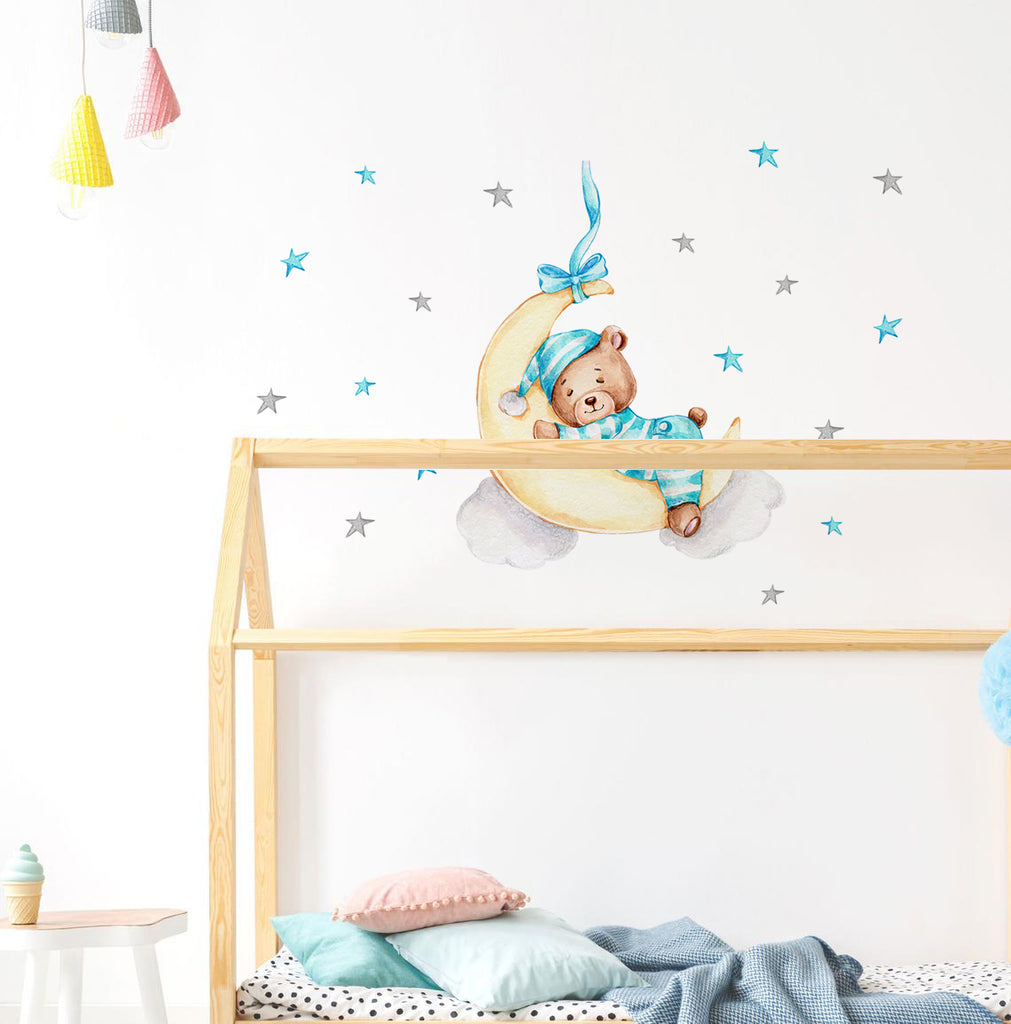 Night Sky Dreaming Wall Decal Stickers - Sleepy PJ Bear - KASIE's Room