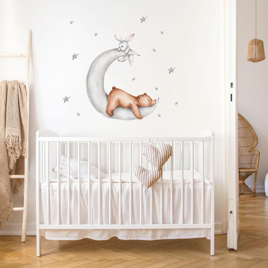 Night Sky Dreaming Wall Decal Stickers - Bear, Moon & Bunny - KASIE's Room