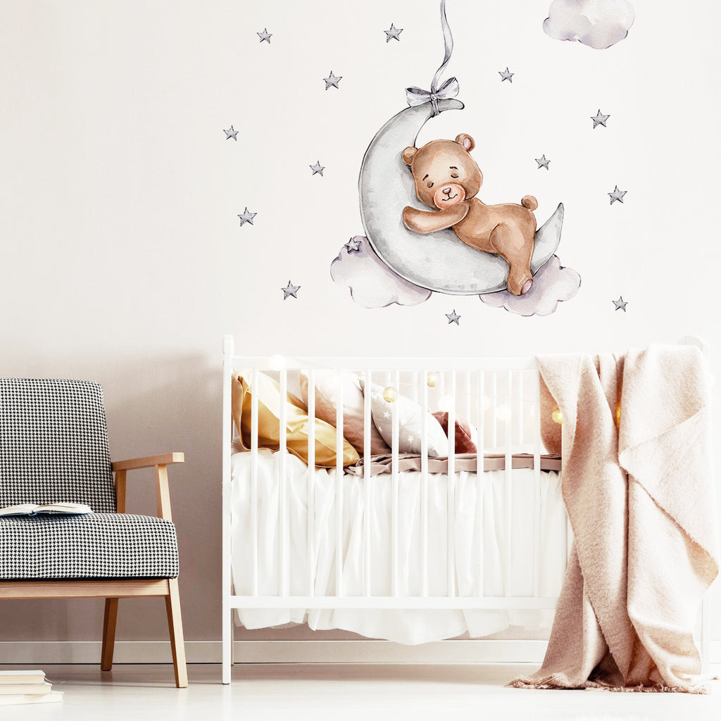 Night Sky Dreaming Wall Decal Stickers - Sleepy Moon Bear - KASIE's Room