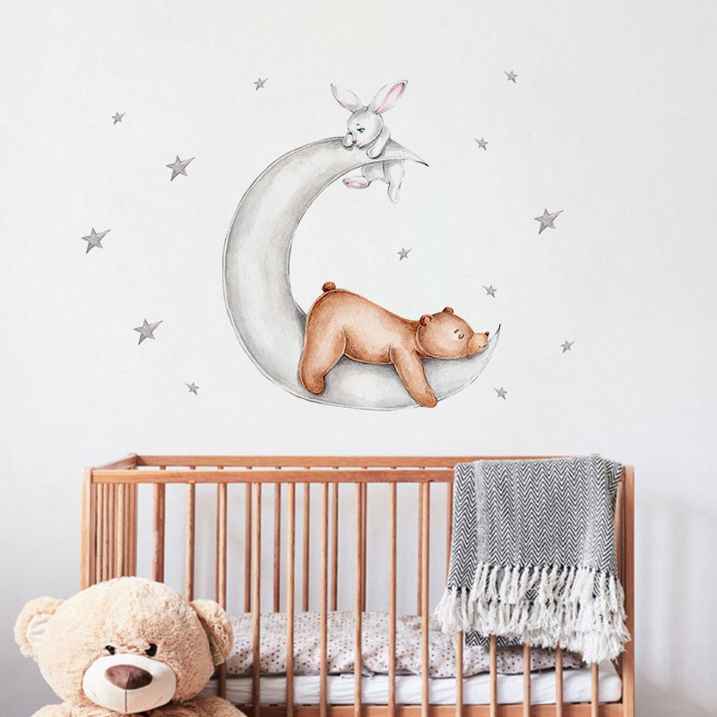 Night Sky Dreaming Wall Decal Stickers - Bear, Moon & Bunny - KASIE's Room