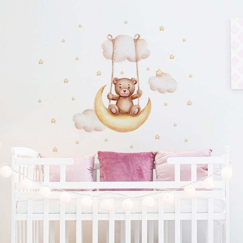 Night Sky Dreaming Wall Decal Stickers - Swinging Bear - KASIE's Room